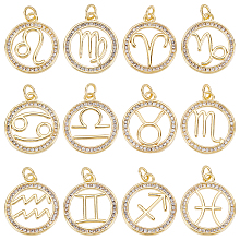 SUNNYCLUE 1 Box 12 Styles Zodiac Charm Rhinestone Zodiac Charms Micro Pave Cubic Zirconia Charms Round Metal Brass Hollow Charm for Jewelry Making Charms Necklaces DIY Necklace Bracelet Earring Crafts