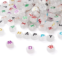 Honeyhandy 150Pcs Luminous Acrylic Beads, Horizontal Hole, Flat Round with Random Mixed Letters, Mixed Color, 10x6mm, Hole: 2mm