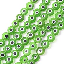 Honeyhandy Handmade Evil Eye Lampwork Flat Round Bead Strands, Lime Green, 8x3.2mm, Hole: 1mm, about 49pcs/strand, 14.56 inch