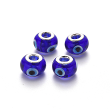 Honeyhandy Handmade Evil Eye Lampwork European Beads, Large Hole Beads, with Platinum Color Core Brass Double Cores, Rondelle, Blue, 14~15x9~10mm, Hole: 5mm