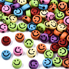 Honeyhandy Opaque Craft Acrylic Beads, Flat Round with Smiling Face, Mixed Color, 7x3.5mm, Hole: 1.5mm, about 3637pcs/500g