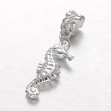 Honeyhandy Alloy European Dangle Charms, Large Hole Sea Horse Beads, Silver Color Plated, 39mm, Hole: 5mm