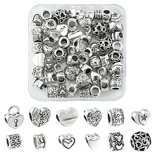 Honeyhandy 60Pcs 12 Style Alloy European Beads, Large Hole Beads, Rondelle & Column & Heart, Antique Silver, 7.5~13.5x8~12.5x4.5~10mm, Hole: 4~5mm, 5pcs/style