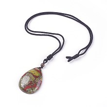 Honeyhandy Adjustable Natural Indian Blood Stone Pendant Necklaces, with Nylon Theard, teardrop, 23.6 inch~24.8 inch(60~63cm), Teardrop: 35x50x8mm