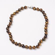 Honeyhandy Natural Tiger Eye Beads Necklaces, with Brass Lobster Claw Clasps, Round, 17.7 inch(45cm) long, beads: 10mm