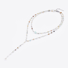 Honeyhandy Natural Flower Amazonite Lariat Necklaces, with Stainless Steel Findings and Yoga Charms, Packing Box, 33 inch(84cm)