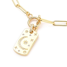 Honeyhandy Brass Micro Pave Clear Cubic Zirconia Pendant Necklaces, with Brass Paperclip Chains and 304 Stainless Steel Toggle Clasps, Oval with Moon & Star, Golden, 18.50 inch(47cm)