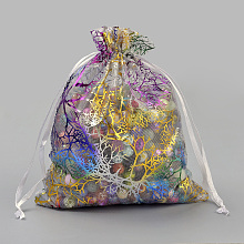 Honeyhandy Organza Gift Bags, Drawstring Bags, with Colorful Coral Pattern, Rectangle, White, 18x13cm