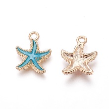 Honeyhandy Alloy Enamel Pendants, Starfish/Sea Stars, Light Gold, Deep Sky Blue, 18x14.5x3mm, Hole: 1.4mm