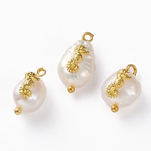 Honeyhandy Natural Keshi Pearl Pendants, with Alloy Cabochons and Brass Loops, Nuggets with Sea Horse, Golden, 13~16x8~9x5~8mm, Hole: 2mm