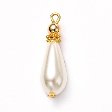 Honeyhandy Glass Pearl Pendants, Painted, with Brass Findings, Golden, Teardrop, White, 25x7.5mm, Hole: 1.5mm