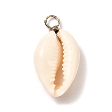 Honeyhandy Natural Cowrie Shell Pendants, Shell Charms with Eco-Friendly Copper Wire, Platinum, 27~30x14~15x7~7.5mm, Hole: 4mm