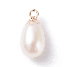 Honeyhandy Natural Pearl Charms, with Light Gold Tone Brass Loops, Rice, White, 11~12.5x5~7mm, Hole: 1.5mm