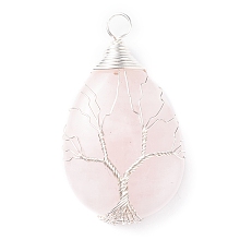 Honeyhandy Natural Rose Quartz Pendants, with Silver Tone Copper Wire Wrapped Tree, Teardrop, 46x26x12mm, Hole: 5mm