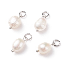 Honeyhandy Grade B Natural Cultured Freshwater Pearl Charms, with 304 Stainless Steel Jump Rings, Polished Rice, Platinum, 13.5~15x7~7.5x5~6mm, Hole: 3.6mm