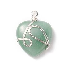 Honeyhandy Natural Green Aventurine Pendants, with Silver Tone Copper Wire Wrapped, Heart, 39~41x30~30.5x8.5~9.5mm, Hole: 4~4.2mm