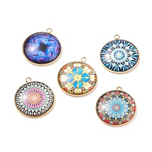 Glass Pendants, with 304 Stainless Steel Pendant Cabochon Setting, Flat Round, Golden, 30x26x6mm, Hole: 2.3mm