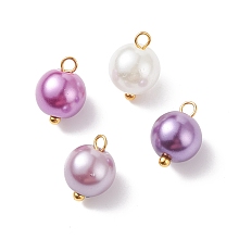 Honeyhandy Glass Pearl Pendants, with Golden Plated Brass Findings, Round, Medium Orchid, 11x8.5mm, Hole: 2mm