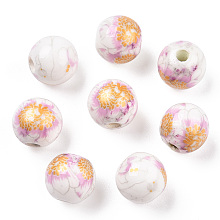 Honeyhandy Handmade Printed Porcelain Beads, Round, Goldenrod, 8mm, Hole: 2mm