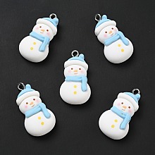 Honeyhandy Christmas Opaque Resin Pendants, with Platinum Tone Iron Loops, Snowman Charm, White, 31.5x16.5x7.5mm, Hole: 2x2.3mm