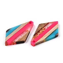 Honeyhandy Transparent Resin & Walnut Wood Pendants, with Gold Foil, Kite Charm, Deep Pink, 33.5x20.5x3.5mm, Hole: 2mm