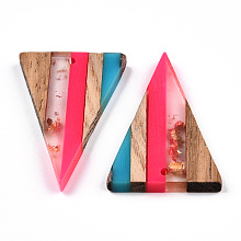 Honeyhandy Transparent Resin & Walnut Wood Pendants, with Gold Foil, Triangle Charm, Deep Pink, 32.5x21.5x3.5mm, Hole: 2mm