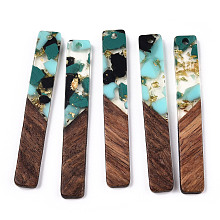 Honeyhandy Transparent Resin & Walnut Wood Big Pendants, with Gold Foil, Rectangle Charms, Turquoise, 51.5x7.5x3mm, Hole: 1.8mm