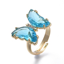 Honeyhandy Adjustable Brass Glass Finger Rings, with Clear Cubic Zirconia, Butterfly, Golden, Sky Blue, Size 7, Inner Diameter: 17mm