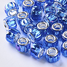 Honeyhandy Transparent Resin European Beads, Large Hole Beads, with Silver Color Plated Double Brass Cores, Faceted, AB Color Plated, Column, Blue, 11.5x8mm, Hole: 5mm