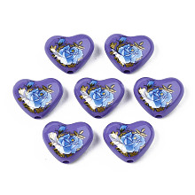 Flower Printed Opaque Acrylic Heart Beads, Slate Blue, 16x19x8mm, Hole: 2mm