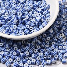 Honeyhandy 6/0 Opaque Colours Seep Glass Seed Beads, Round Hole, Round with Stripe Pattern, Blue, 3~4.5x3~4.5mm, Hole: 1.2~1.5mm, about 450g/bag