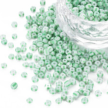 Honeyhandy 8/0 Opaque Glass Seed Beads, Opaque Colours Seep, Round Hole, Flat Round with Stripe Pattern, Pale Green, 3~3.5x2~2.5mm, Hole: 1mm, about 450g/Pound