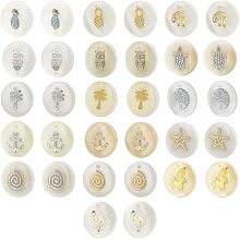 NBEADS 32 Pcs Freshwater Shell Pendants, Flat Round Shell Pendants with 16 Patterns Design Metal Plated for Jewelry Making