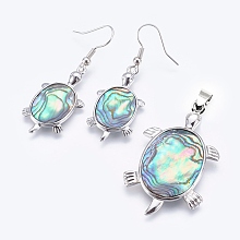 Honeyhandy Abalone Shell/Paua ShellJewelry Sets, Dangle Earrings and Pendants, with Brass Findings, Tortoise, Platinum, 46x26.5x3mm, hole: 5x8mm, 48mm, Pin: 0.7mm