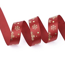 Honeyhandy 20 Yards Christmas Printed Polyester Satin Ribbon, for Wedding, Gift, Party Decoration, Gold Stamping Snowflake Pattern, FireBrick, 1 inch(25mm), about 20.00 Yards(18.29m)/Roll