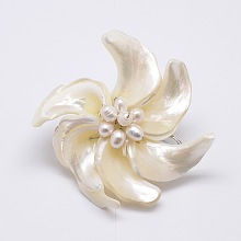 Honeyhandy Dual-use Items, Natural White Shell Mother of Pearl Shell Flower Pendants/Brooches, with Platinum Plated Brass Findings and Shell Pearl, Creamy White, 51~56x54~62x22mm, Hole: 4~5x6~7mm