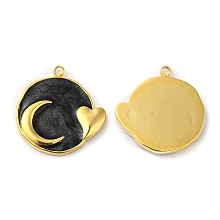 Honeyhandy Real 18K Gold Plated 304 Stainless Steel Pendants, with Enamel, Flat Round with Moon & Heart Charm, Black, 17.5x17x2mm, Hole: 1.4mm