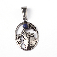 Honeyhandy 304 Stainless Steel Pendants, with Lapis Lazuli, Oval with Wolf, Antique Silver, 29x19x5mm, Hole: 10x5mm