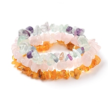 Honeyhandy Chips Natural Amber & Fluorite & Rose Quartz Beaded Stretch Bracelets Sets, Stackable Bracelets, Inner Diameter: 2-1/8 inch(5.5cm), 3pcs/set