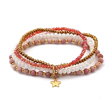 Honeyhandy Stretch Bracelets, with Natural Rhodochrosite Beads, Glass Beads, Brass Beads and Star 304 Stainless Steel Charms, Golden, Inner Diameter: 5.5cm(2-1/8 inch)