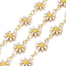 Honeyhandy Handmade Brass Enamel Link Chains, Soldered, Long-Lasting Plated, Golden, Daisy, White, 12.5x7.5x2mm