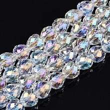 Honeyhandy Transparent Glass Beads Strands, Faceted, AB Color Plated, Teardrop, Clear AB, 6x6mm, Hole: 1.2mm, about 77~80pcs/strand, 17.95 inch~19.29 inch((45.6~49cmcm)