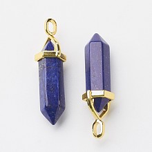 Honeyhandy Natural Lapis Lazuli Double Terminated Pointed Pendants, with Random Alloy Pendant Hexagon Bead Cap Bails, Golden, Bullet, Dyed, 37~40x12.5x10mm, Hole: 3x4.5mm