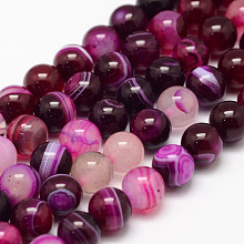 Honeyhandy Natural Striped Agate/Banded Agate Bead Strands, Round, Dyed & Heated, Deep Pink, 8mm, Hole: 1mm, about 47~48pcs/strand, 14.5 inch