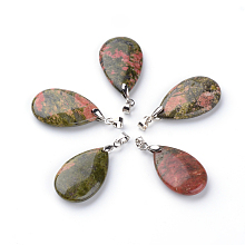 Honeyhandy Natural Unakite Pendants, with Brass Findings, teardrop, Platinum, 30x18x6mm, Hole: 5x4mm