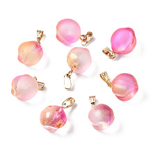 Honeyhandy Two Tone Transparent Spray Painted Glass Pendants, with Golden Plated Iron Bails and Gold Foil, Frosted, Peach, Pearl Pink, 16~17x11~12x11~12mm, Hole: 6x2mm