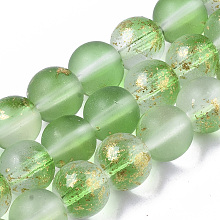 Honeyhandy Frosted Spray Painted Glass Beads Strands, with Golden Foil, Round, Lime Green, 8~9mm, Hole: 1.2~1.5mm, about 46~56pcs/Strand, 14.37 inch~16.3 inch(36.5~41.4cm)