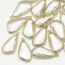 Honeyhandy Glass Pendants, with Golden Tone Brass Findings, Faceted, Triangle, Clear, 29x14.5x5.5mm, Hole: 1.5mm