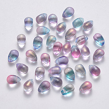 Honeyhandy Transparent Spray Painted Glass Charms, with Glitter Powder, Teardrop, Plum, 9x6x6mm, Hole: 1mm