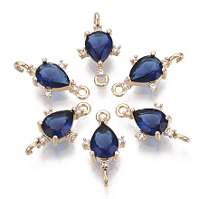 Honeyhandy Glass Links connectors, with Brass Micro Pave Cubic Zirconia, Faceted, Teardrop, Light Gold, Dark Blue, 18x9.5x4.5mm, Hole: 1.2mm